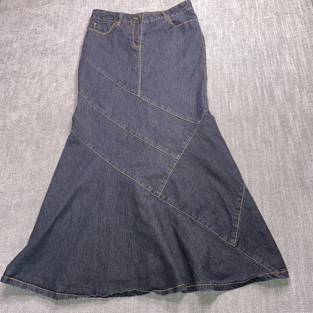Bisou Bisou Michele Bohbot Maxi Skirt Womens 10 Blue Denim Cotton Mermaid Flare